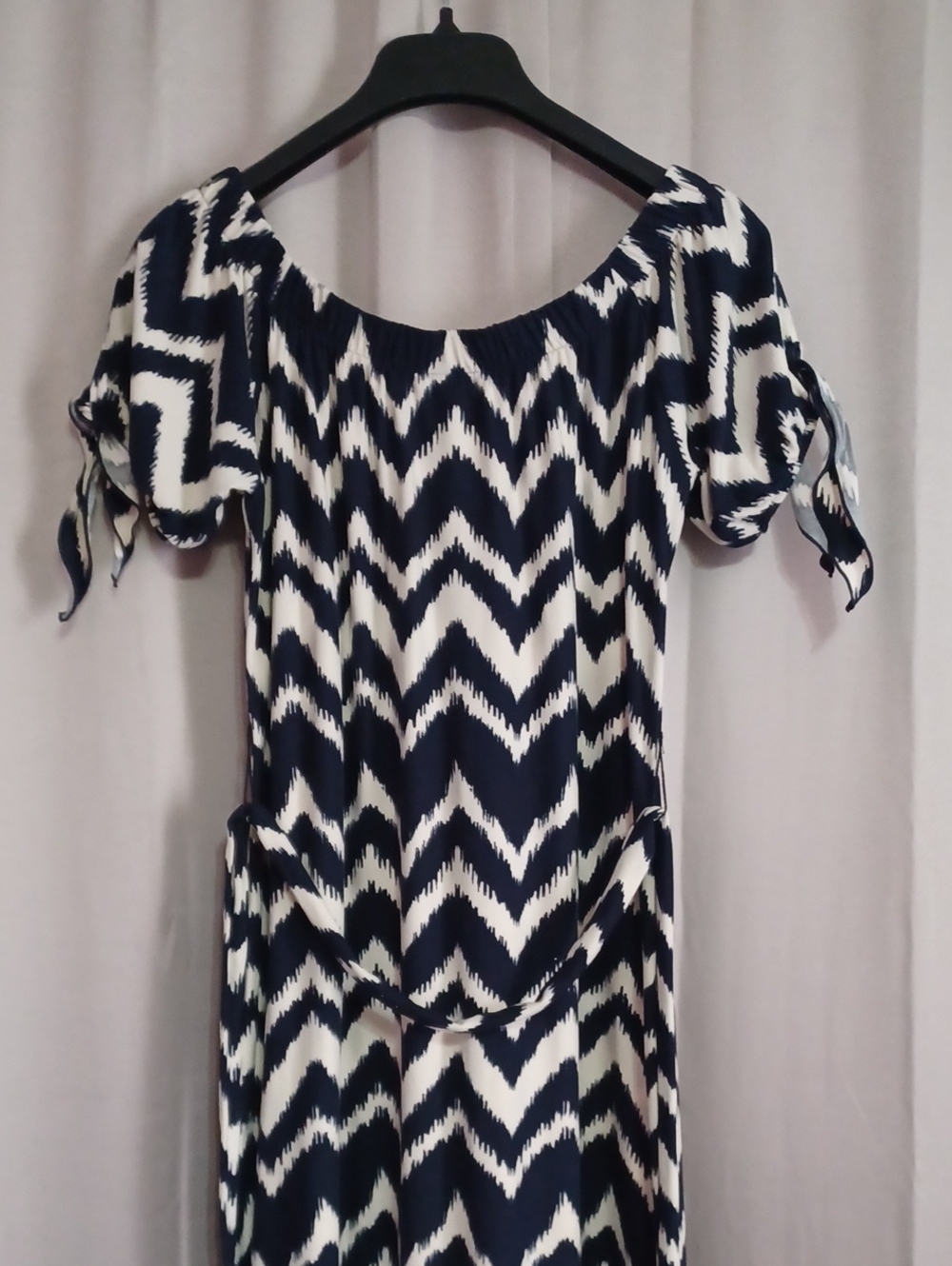 Allison Brittney Chevron Maxi Dress Elastic Off Shoulder Neck Tie Waist Stretch - Picture 11 of 14